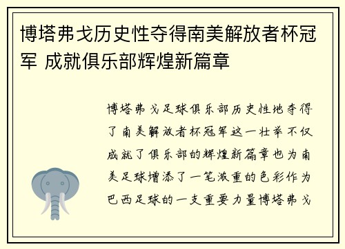 博塔弗戈历史性夺得南美解放者杯冠军 成就俱乐部辉煌新篇章