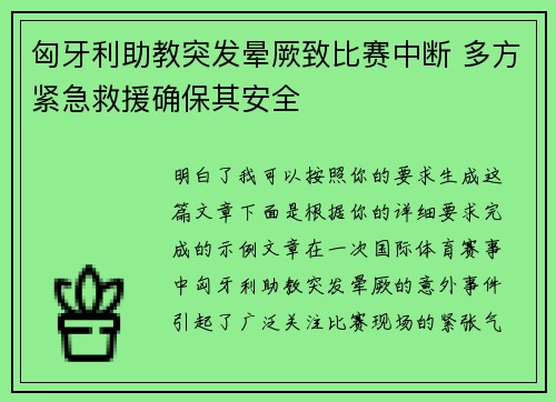 匈牙利助教突发晕厥致比赛中断 多方紧急救援确保其安全